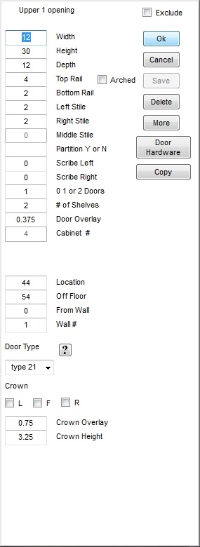 Upper cabinet editing window